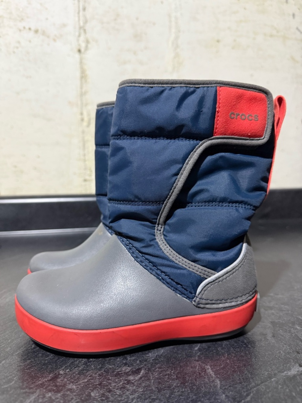 CROCS Kids Blue and Gray Winter Snow Boots with Red Accents LodgePoint